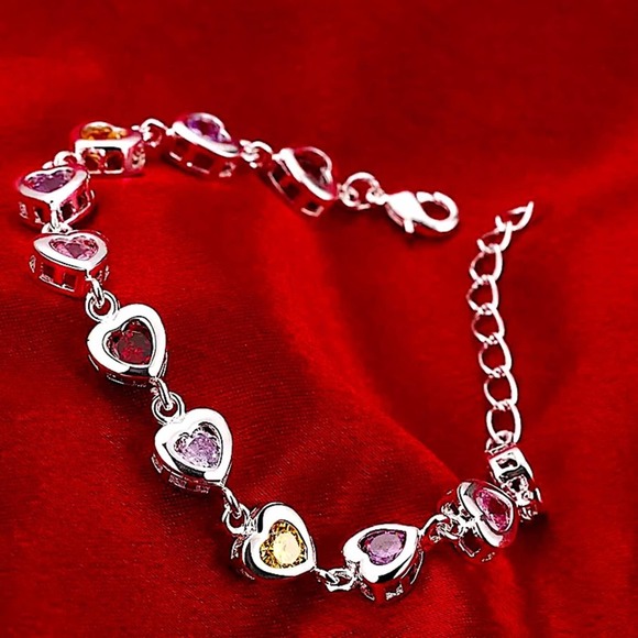 Sterling Silver Heart Multicolor Gemstone 925 Stamped Bracelet - Picture 5 of 12